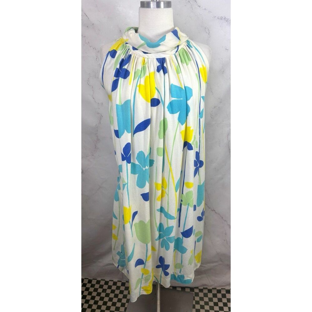 Vintage 60s MOD Dress High Neck Sleeveless  Psychedelic Floral Shift Beachy M/L